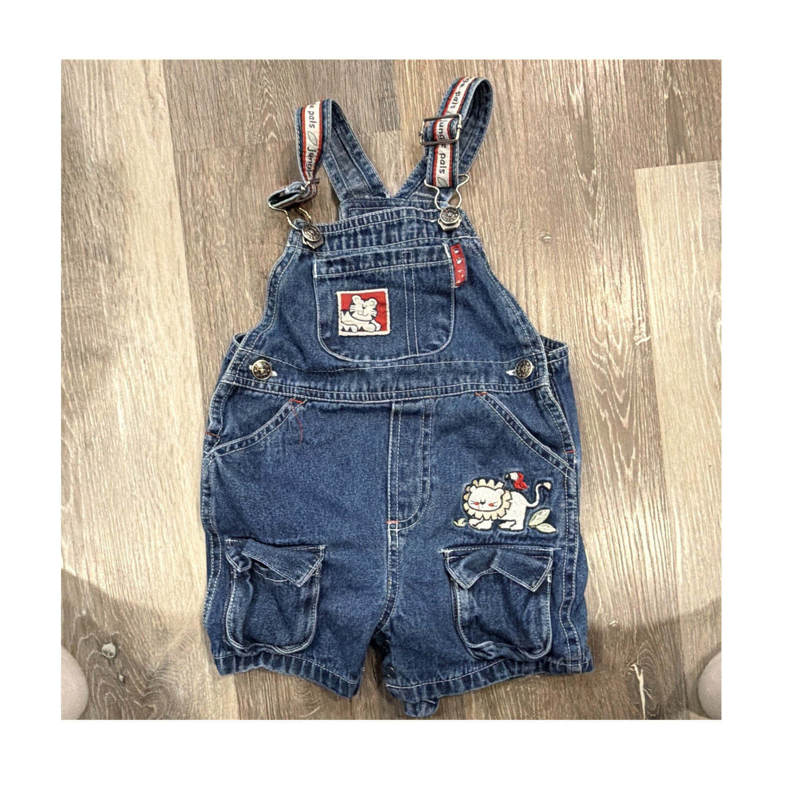 Jungle Pals 24M Blue Denim Overall Sleeveless Lion Embroidered Button Closure