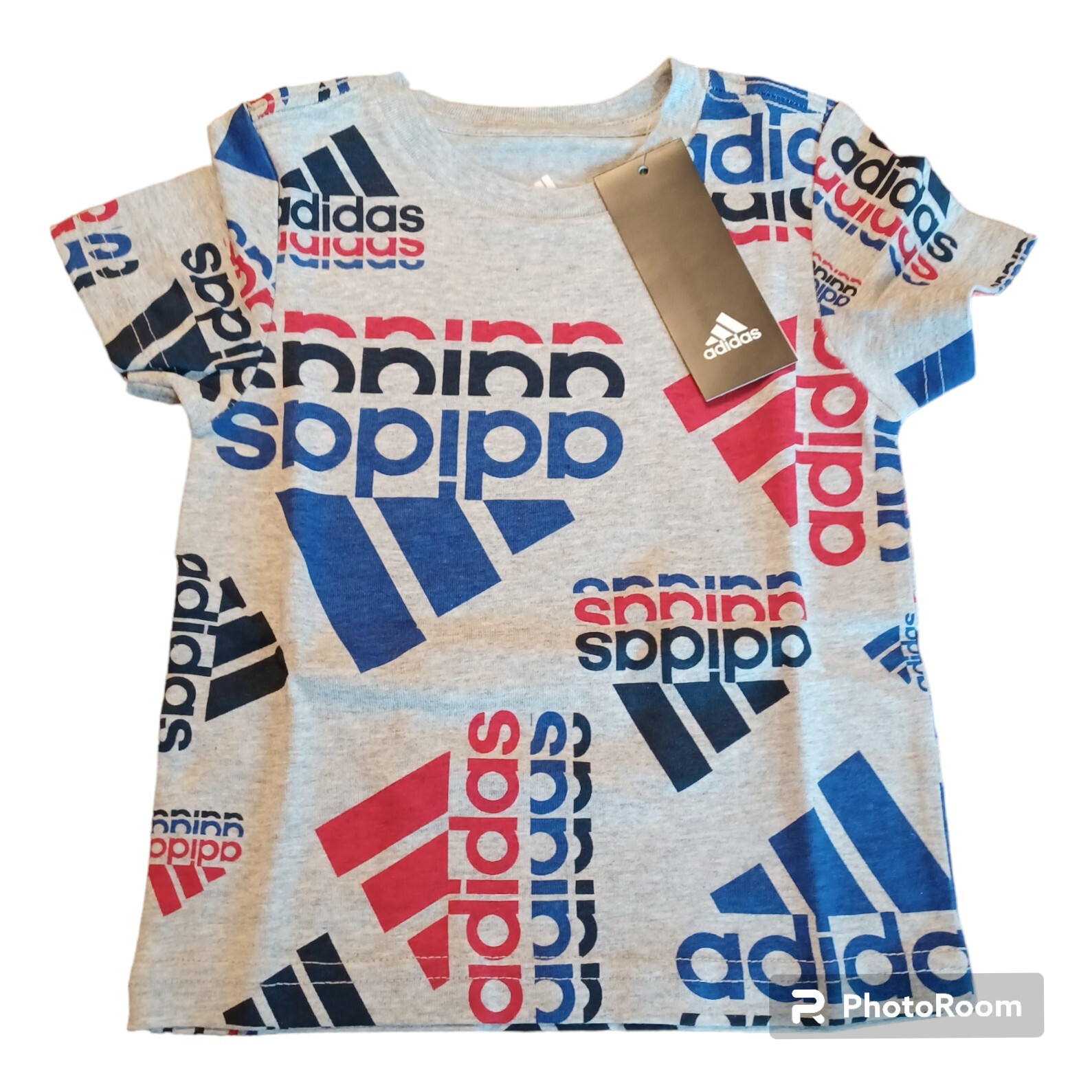 Adidas Baby Boys Short Set-12M-Gray-Blue-Red-Logo Tee