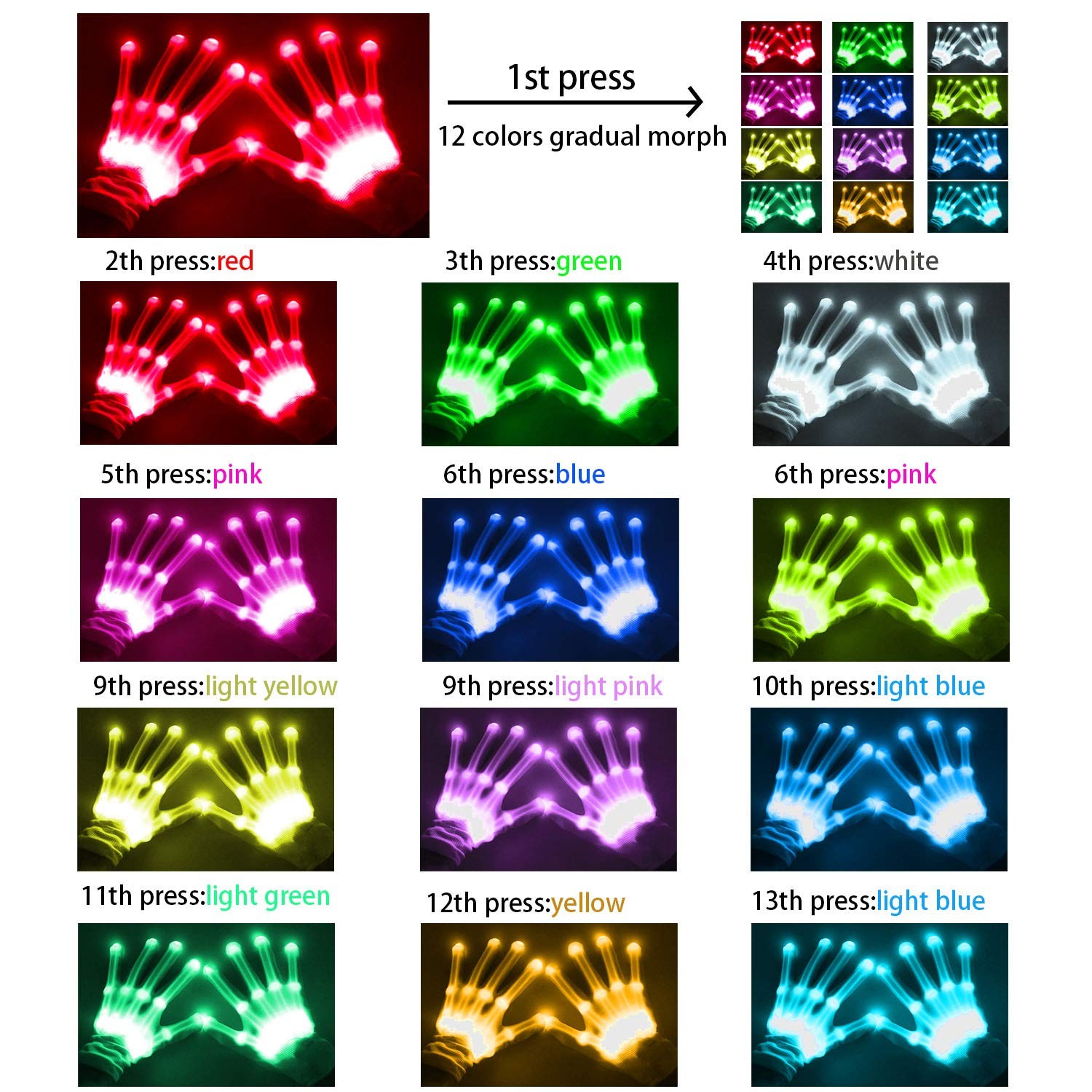 VICSPORT Cool Toys LED Gloves 12 Color Changeable Lights Large, 12