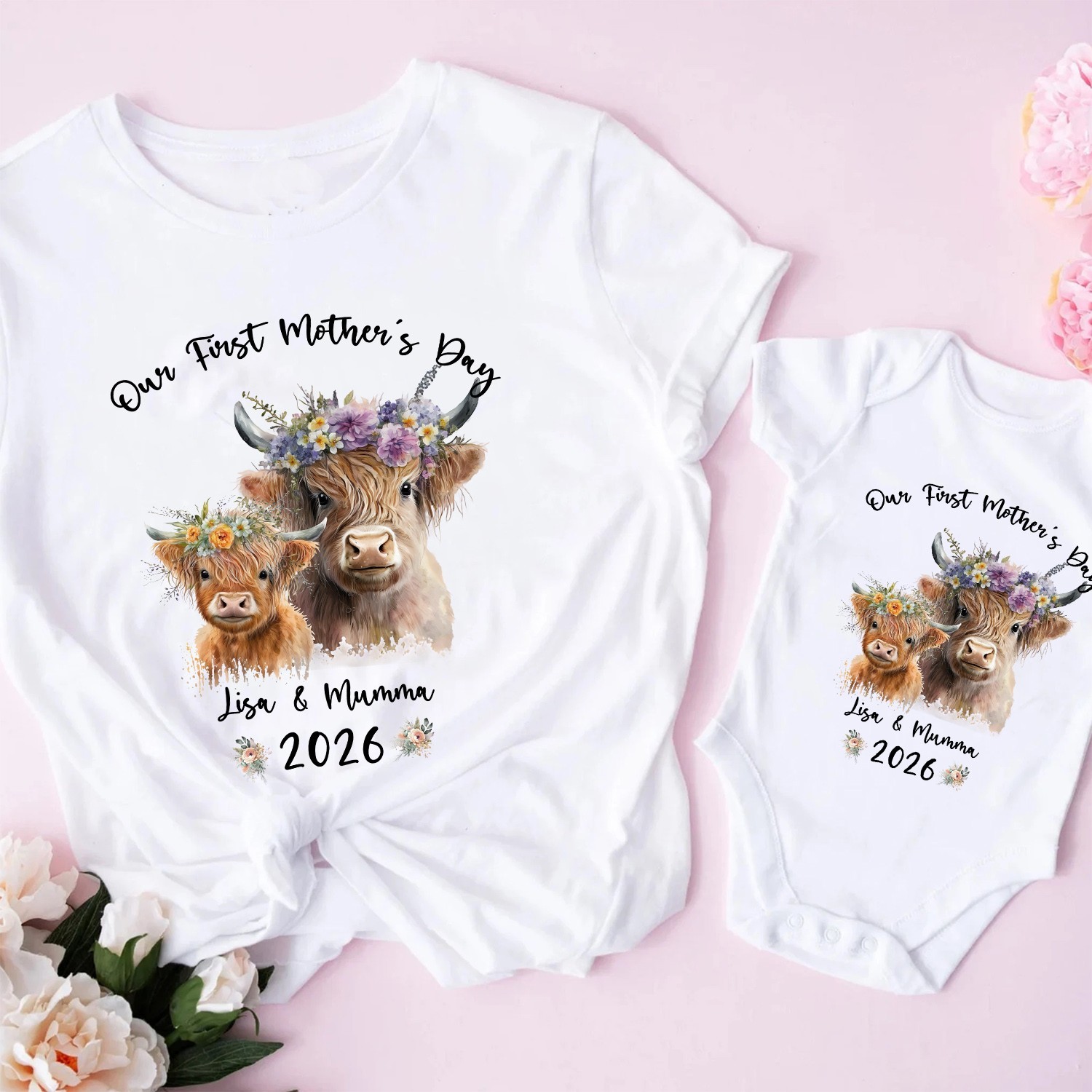 Floral Highland Cattle Cow Mom and Baby Tee, Custom Our 1st Mother’s Day Tee