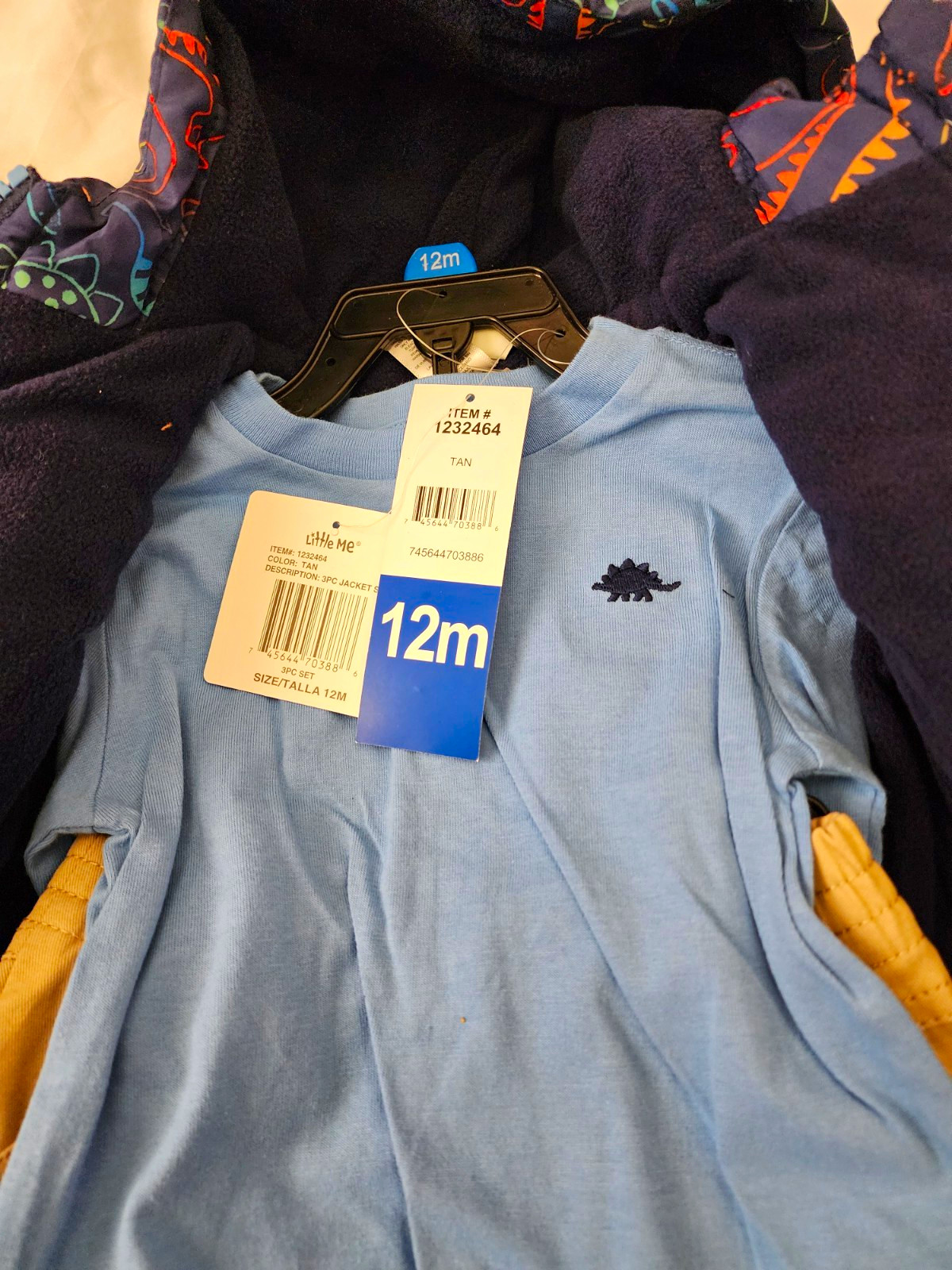Little Me Boys 12M 3pc Dinosaur Outfit Set Hooded Zip Jacket Shirt Pants Blue
