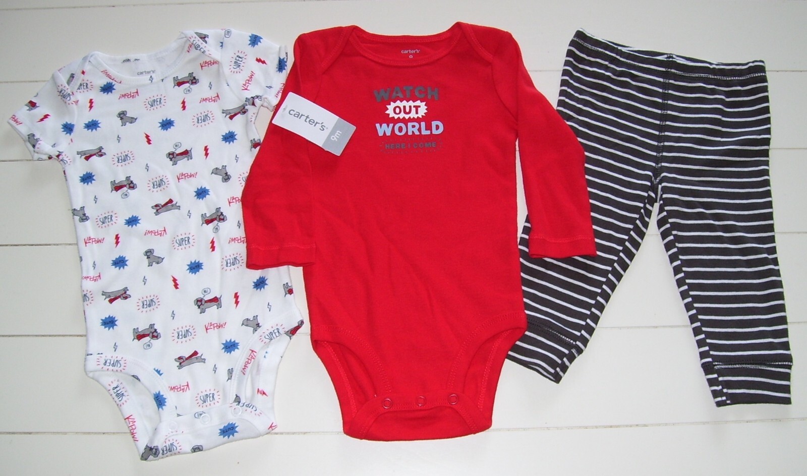 Carters 3 Pc SS Dog LS Watch Out World Bodysuits Turn Around Dog Pants Outfit 9M