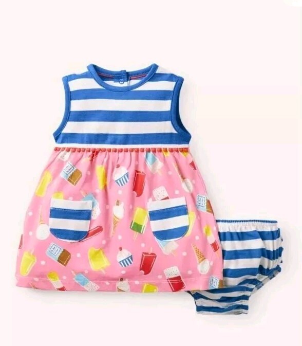 MINI Boden BABY GIRLS Ice Cream Print Cotton Dress Set Blue/Pink BRAND NEW