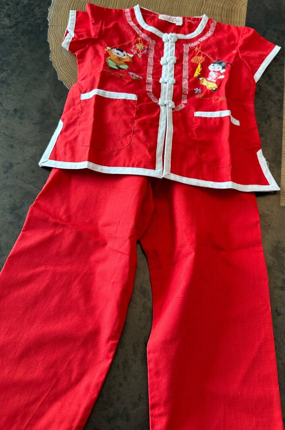Vintage Oriental Plum Blossoms Red 2 Piece Kimono Pants Baby Set Size 2T