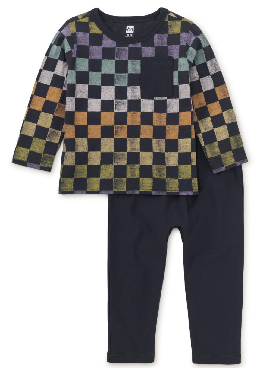 TEA COLLECTION Checkerboard Print Top/Black Pants – NWT Boys 2T