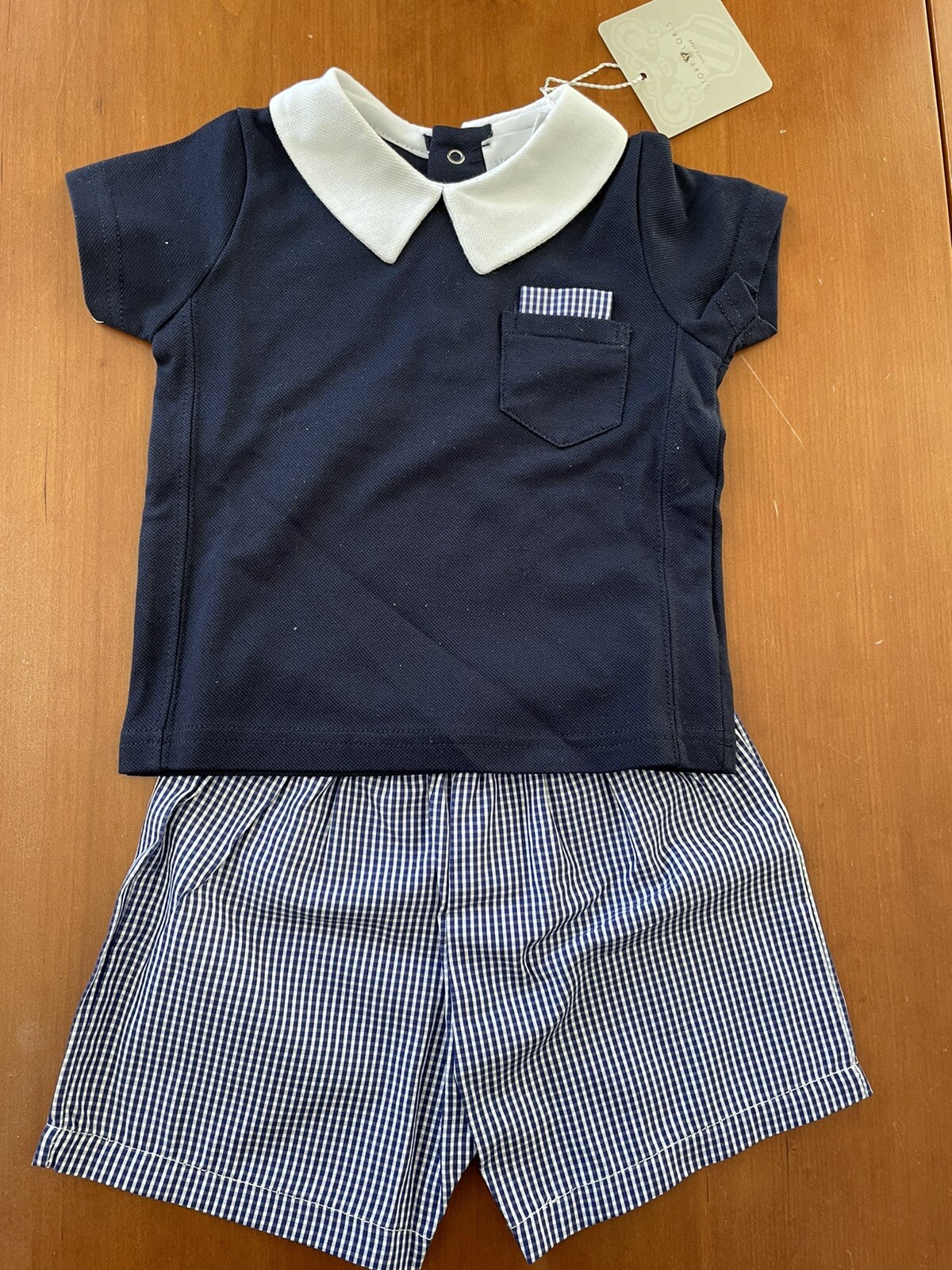 Story Loris (Italy) NWT Navy/White Top + Gingham Shorts 3Mos
