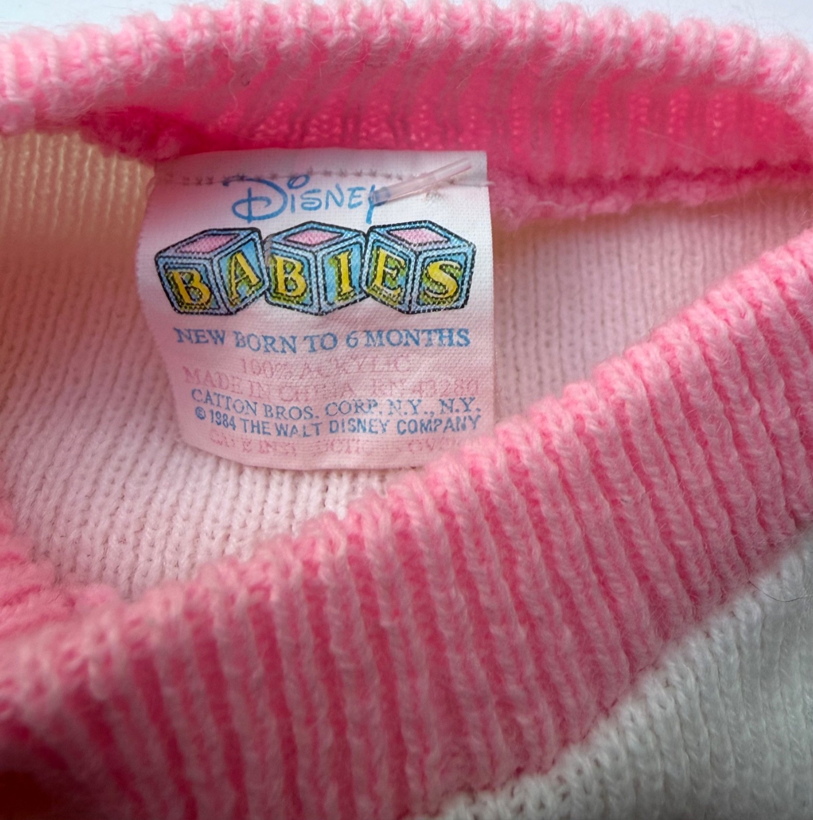 VTG 1984 Disney Babies Minnie Mouse Knit Sweater Pants Hat Set 0-6M Pink/Teal