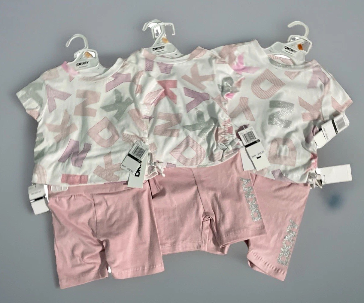 DKNY Baby Pink top Fringe Embellished Logo & Biker Shorts Set Girls 2T 3T New