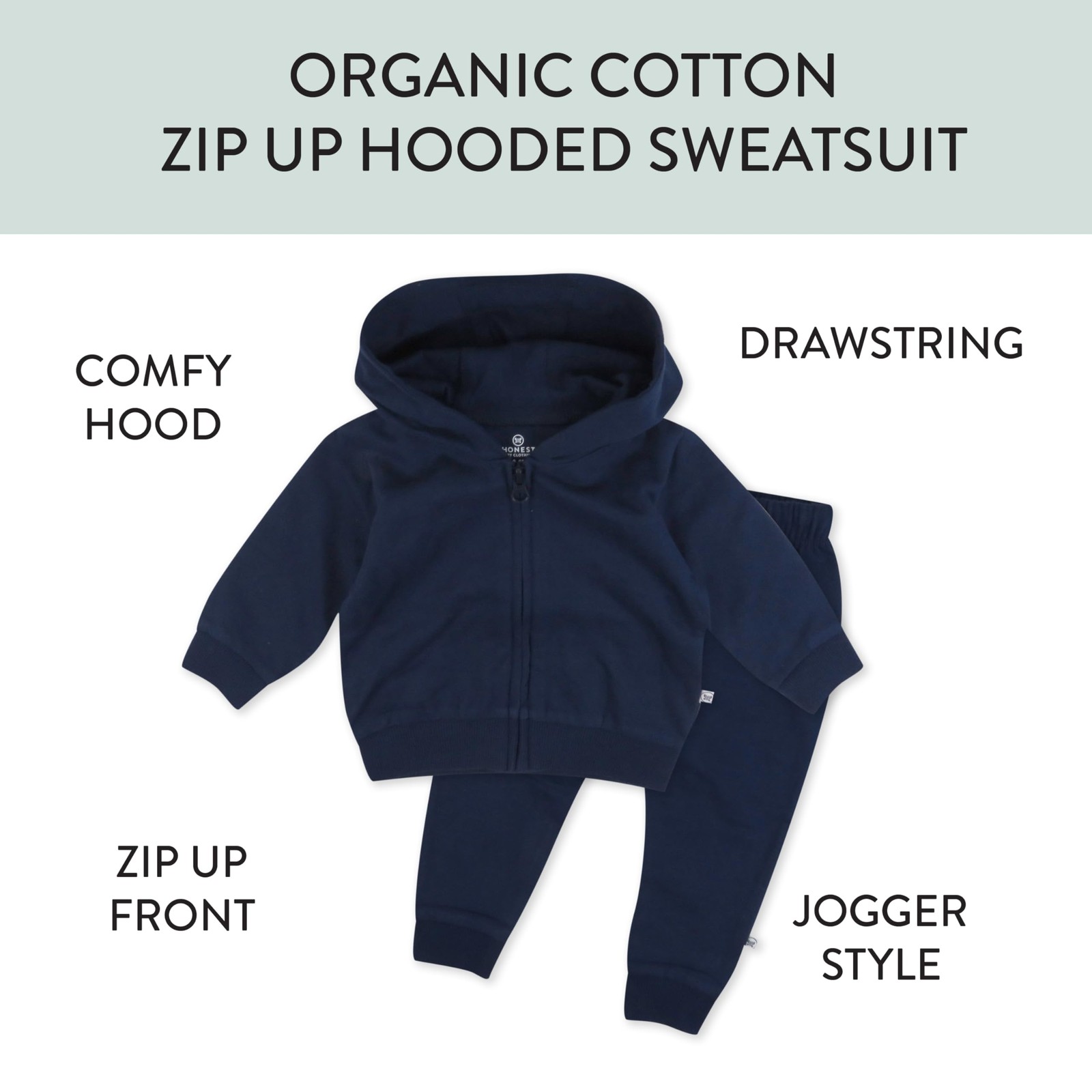 HonestBaby 2-Piece Fleece Zip Hoodie and Sweatpant 18 Months, Varsity Navy