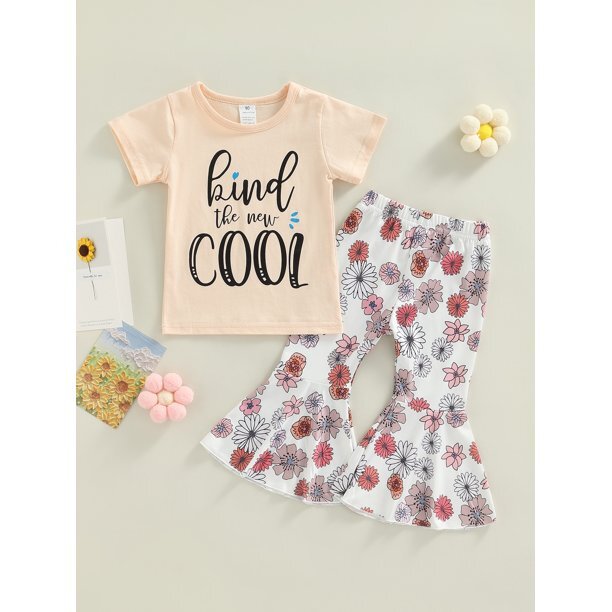 2Pcs Kids Little Girls Summer Short Sleeve Flower Flared Pants 12-18M Beige