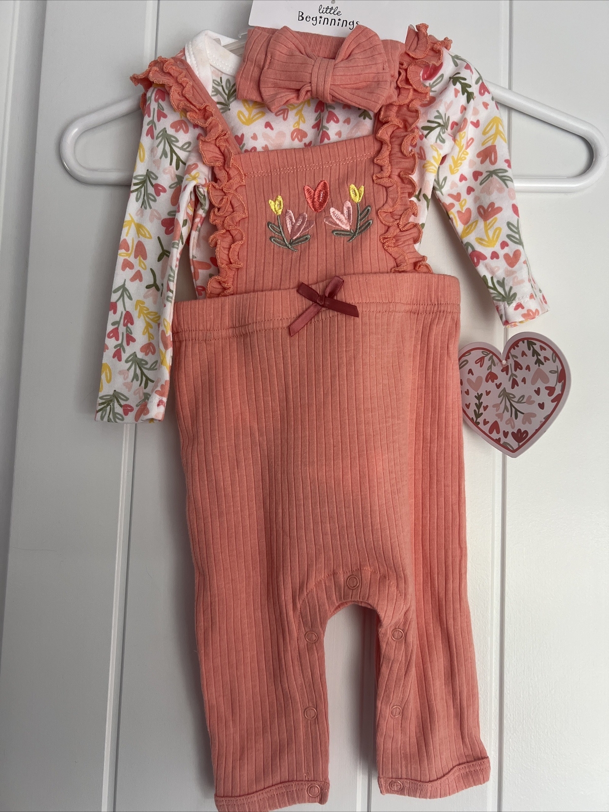 NEW NWT Little Beginnings Girls 3-6 Months 3 Piece Pretty Overall Pant Set