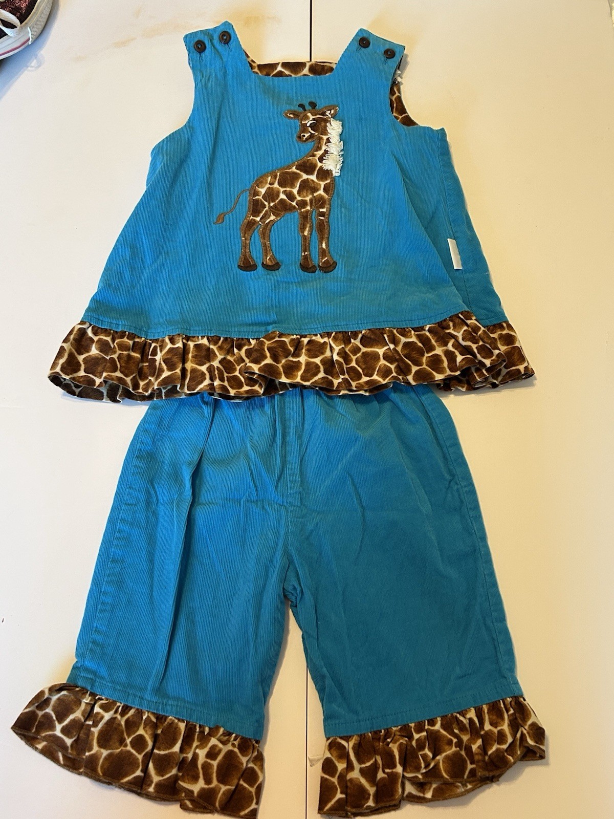 The Bailey Boys Blue Soft Corduroy Giraffe appliqué Leopard Print Trim Size 12 M