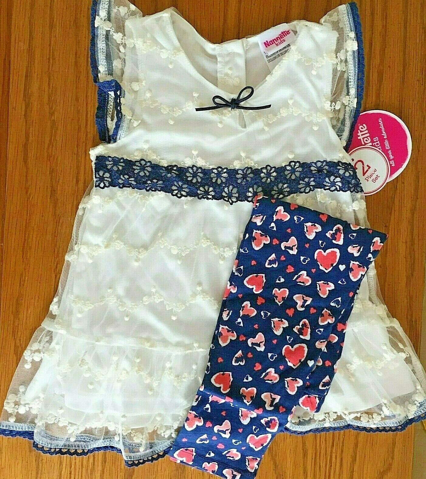NEW Nannette Blue Pink Outfit 3T Leggings Top Girls Flutter Hearts Lace Bows 125