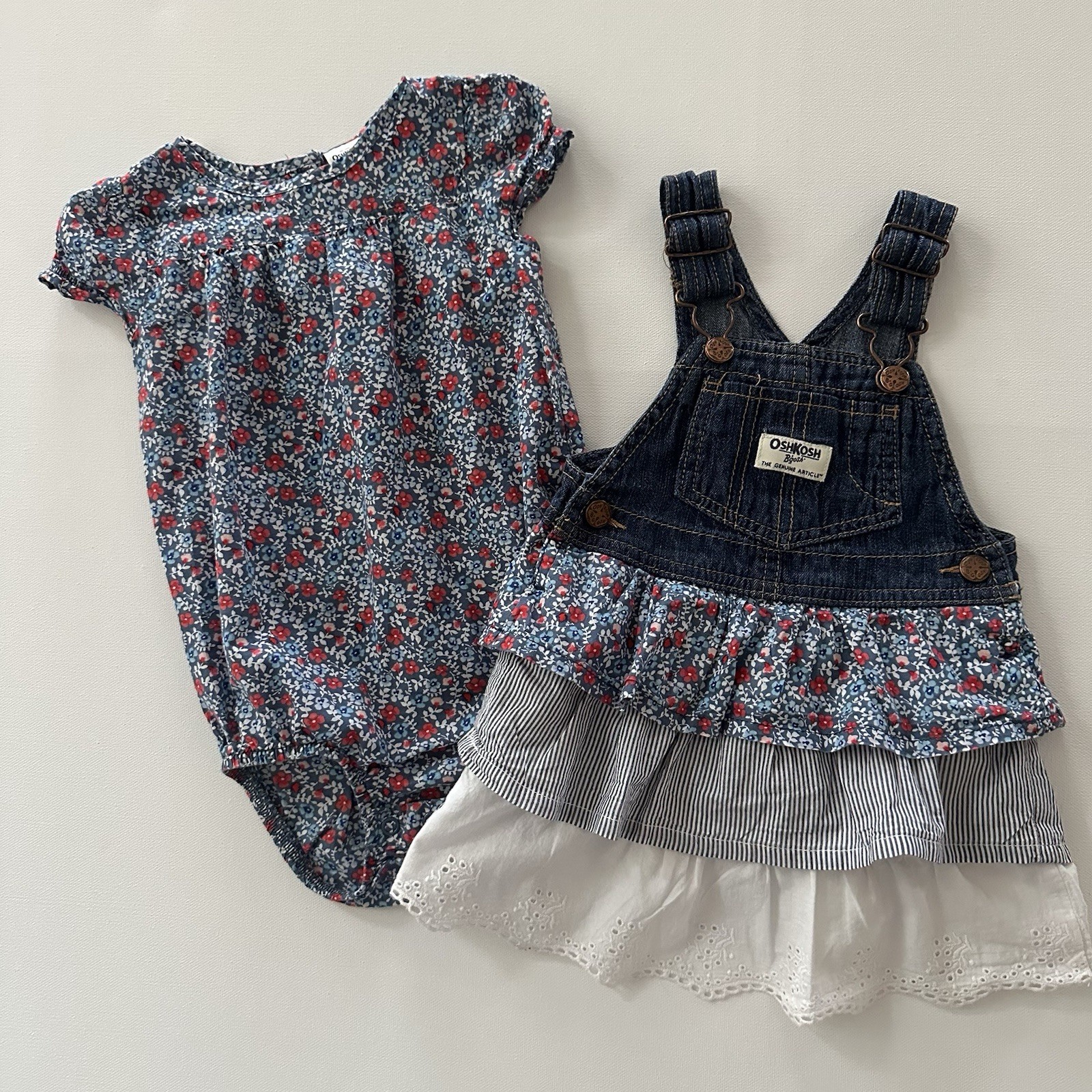 OshKosh 18 Months Baby Girl Blue Floral Bodysuit & Ruffle Overall Dress Set