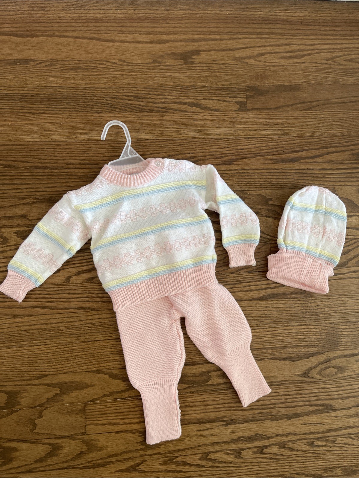Vintage Baby Girl 12M 3-piece Outfit Chunky Knit Pink Sweater Set Cottagecore
