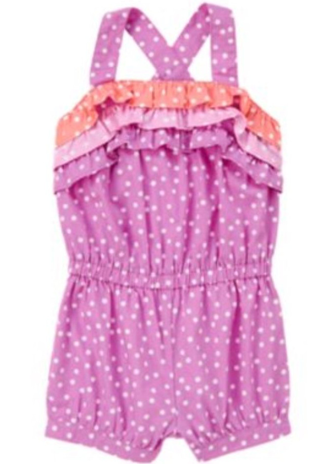 NWT GYMBORRE PURPLE PINWHEEL PASTELS POLKA DOT RUFFLE ROMPER SIZE 12-18 MONTHS
