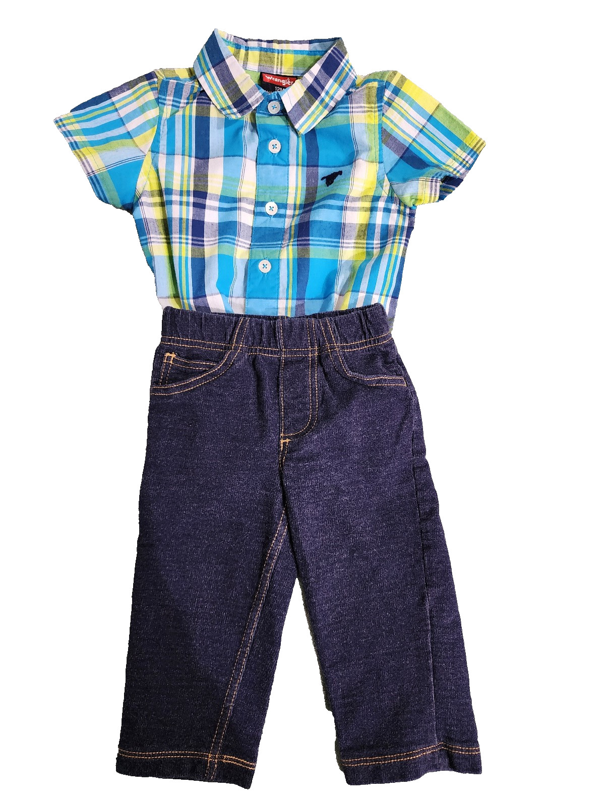 Carters/Wrangler boys 12 mos pull up jeans/ blue, white, yellow plaid bodysuit