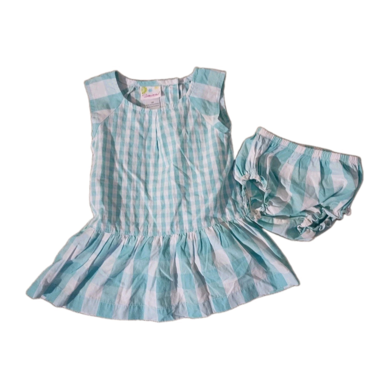 Samara Baby Girl Gingham Dress Bloomers Set 12 Months Teal Aqua White GUC