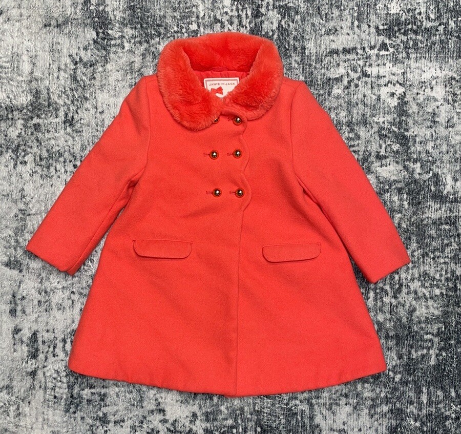 Janie and Jack Dress Coat Gold Buttons Coral Faux Fur Trim Double Breasted 2T