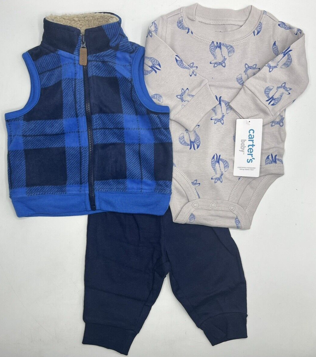 Boys Size 9M Carter’s 3-Piece Pants Set Includes Vest & Bodysuit Blue Gray Fox