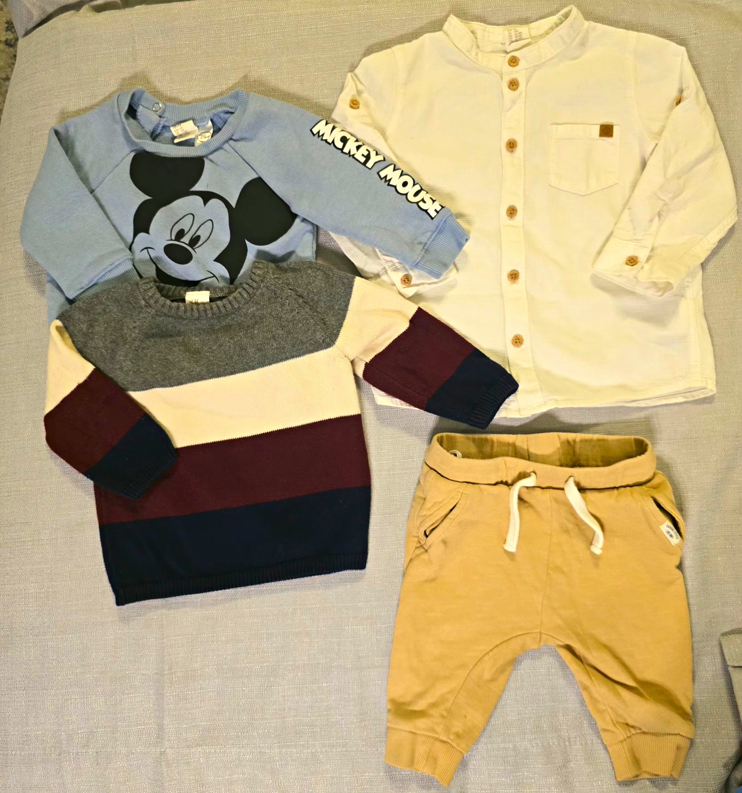 H&M Baby Boys 6-9M 4 Pc Mickey Mouse Cotton Knit Sweatshirt Sweater Shirt Pants