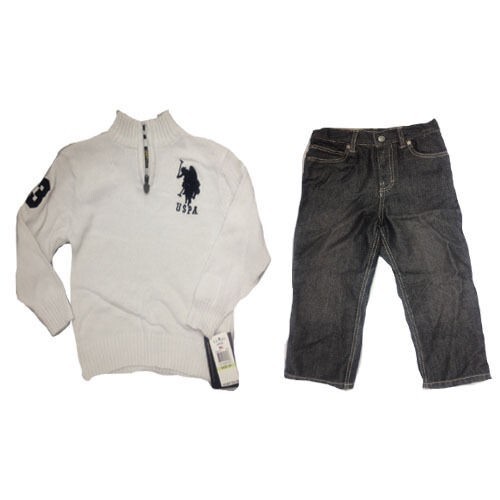 US POLO ASSN BOYS JEANS & QUARTER ZIP SWEATER SET 6/9M 12M 18M 24M 2T 3T 4T NEW