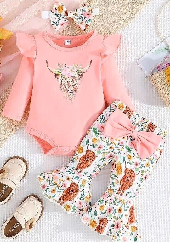NEW Baby Girls Pants Outfit Highland Cow Boutique Romper Flared Pants 3 Pc Gift