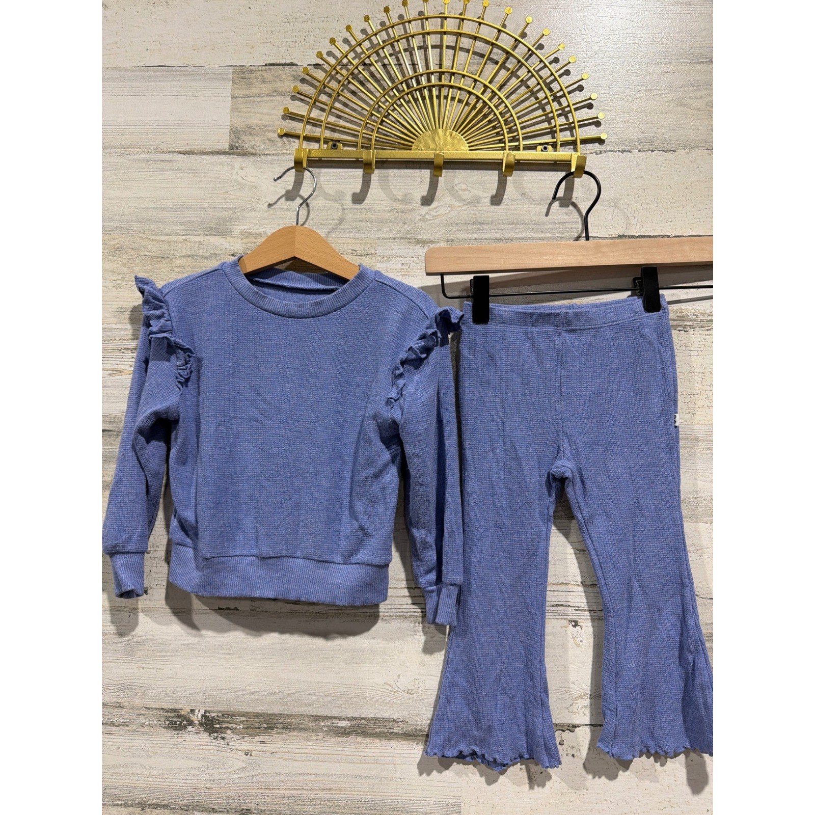 Little Sleepies Play Set Girls 2T Blue Waffle Knit Ruffle Flare EUC
