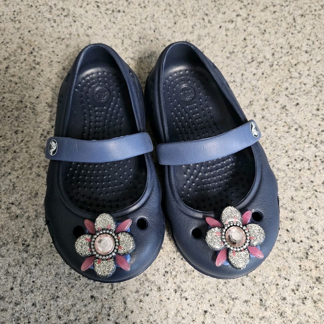 Crocs Girls Blue Mary Jane Flats Slip On Rhinestone Flower US 5 toodles