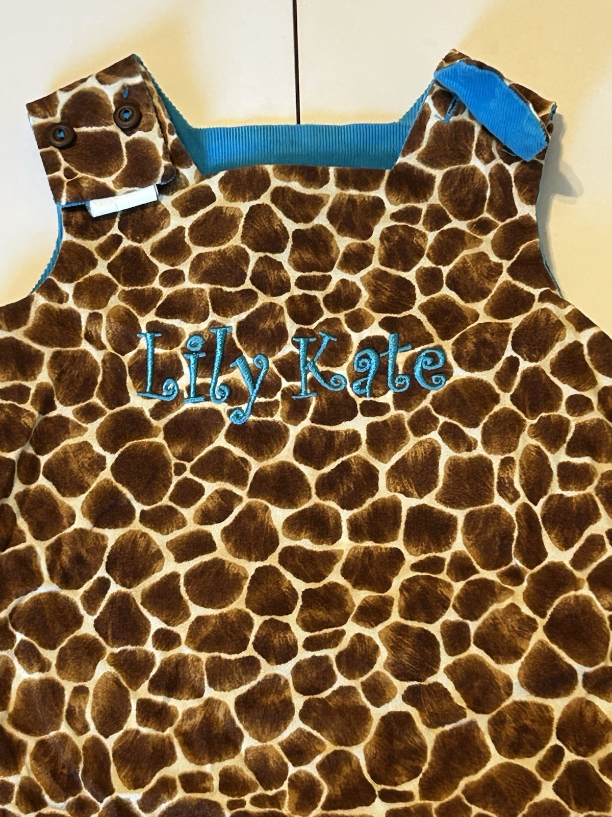 The Bailey Boys Blue Soft Corduroy Giraffe appliqué Leopard Print Trim Size 12 M