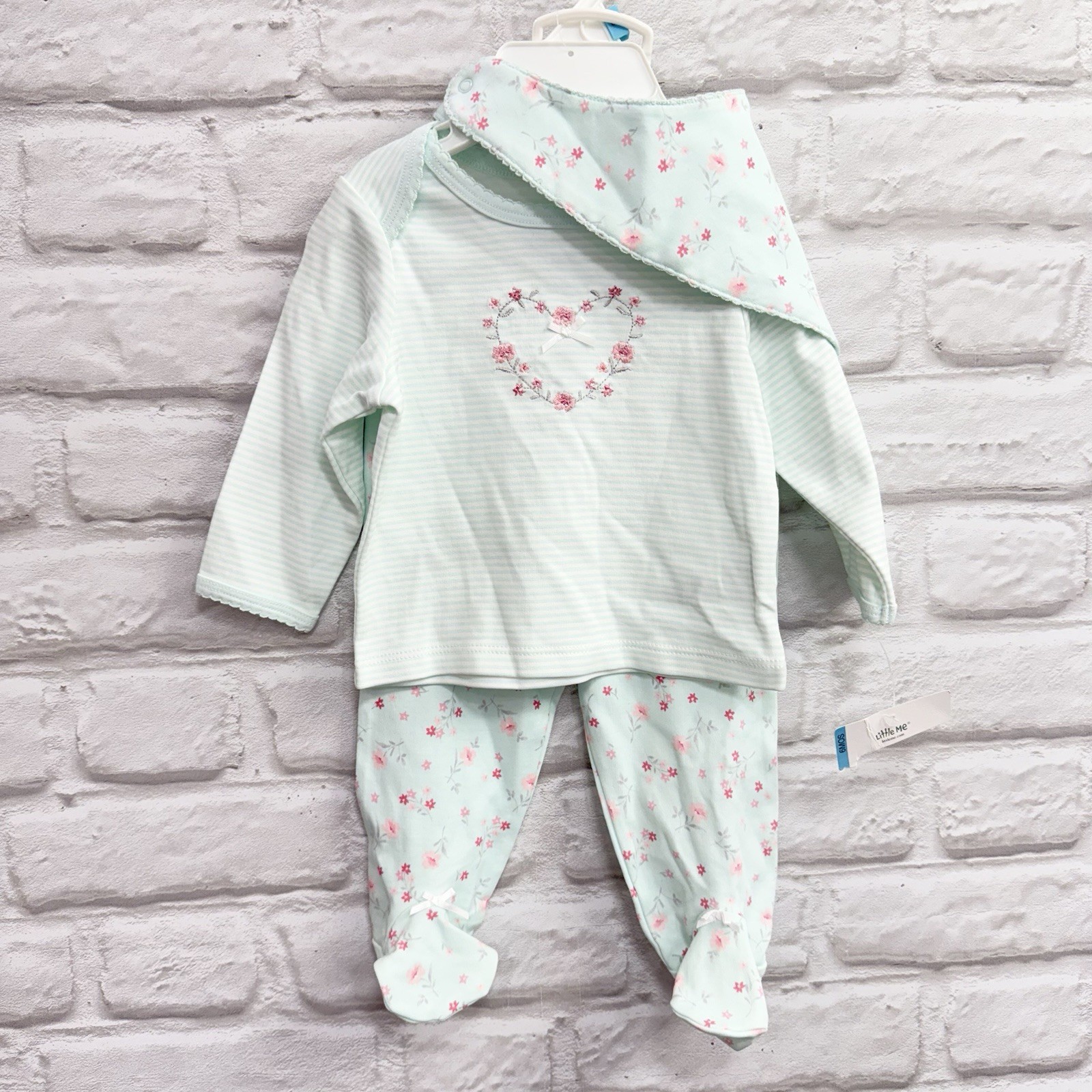 NWT Little Me Baby Girls 6M Mint Green footed Set Pink Flowers & Bib / Bandanna