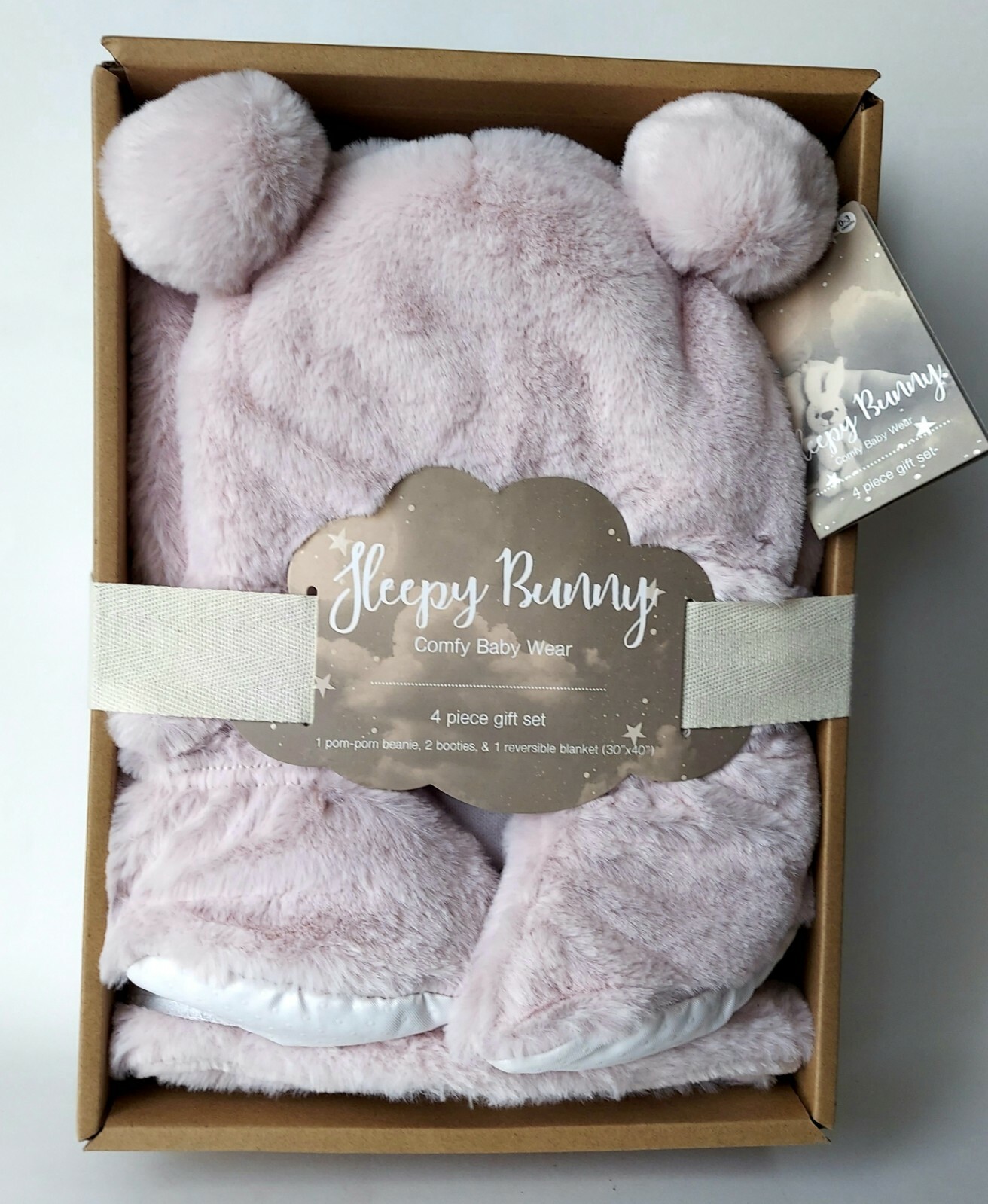 NWT Sleepy Bunny 4 piece Baby Gift Set Dusty Pink Blanket 2 Booties pom-pom Cap