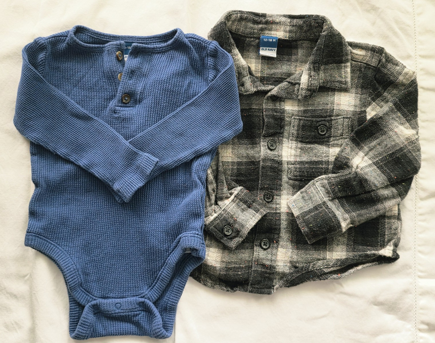 Old Navy 2pc Set 12-18M Plaid Shirt + Blue Waffle Long Sleeve Bodysuit