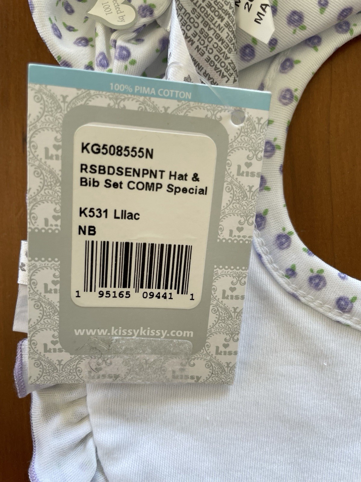 Kissy Kissy NWT White/Lilac “Rosebuds En Pointe” Ruffled Bib & Hat -0-3Mos