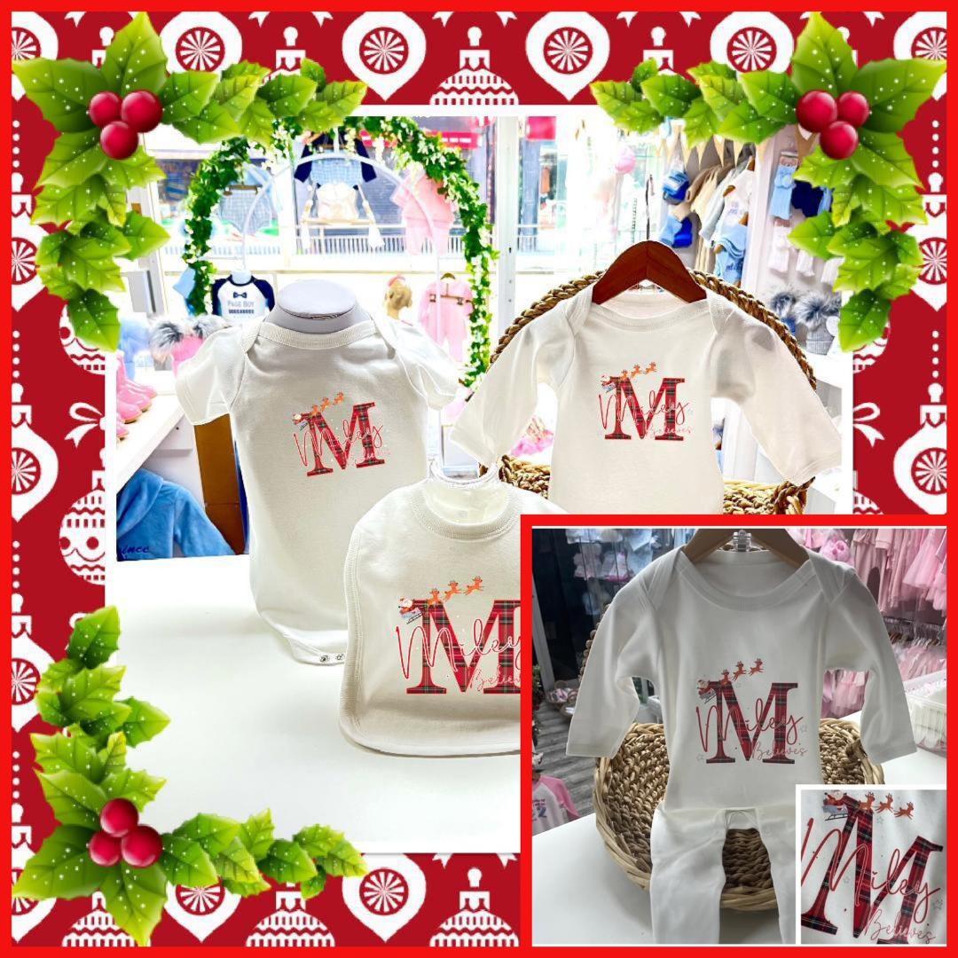 🎄 Personalised Girls First Christmas Bib Vest Grow 0-18m Red Flying Santa Gift