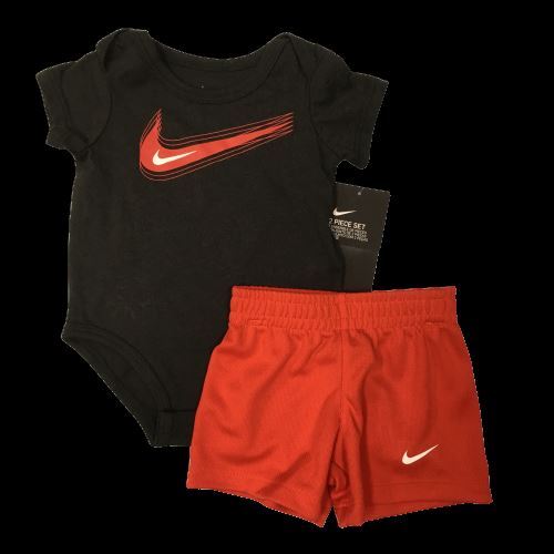 Nike Swoosh Baby Boys Block Bodysuit + Shorts Set Red Black White Infants 9M NEW