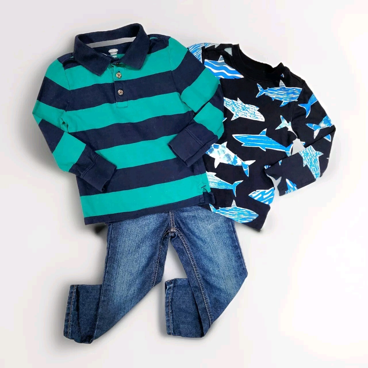 Old Navy Boy 2T Outfit Bundle, Straight Dark Wash Jeans, Rugby Top, Shark Print