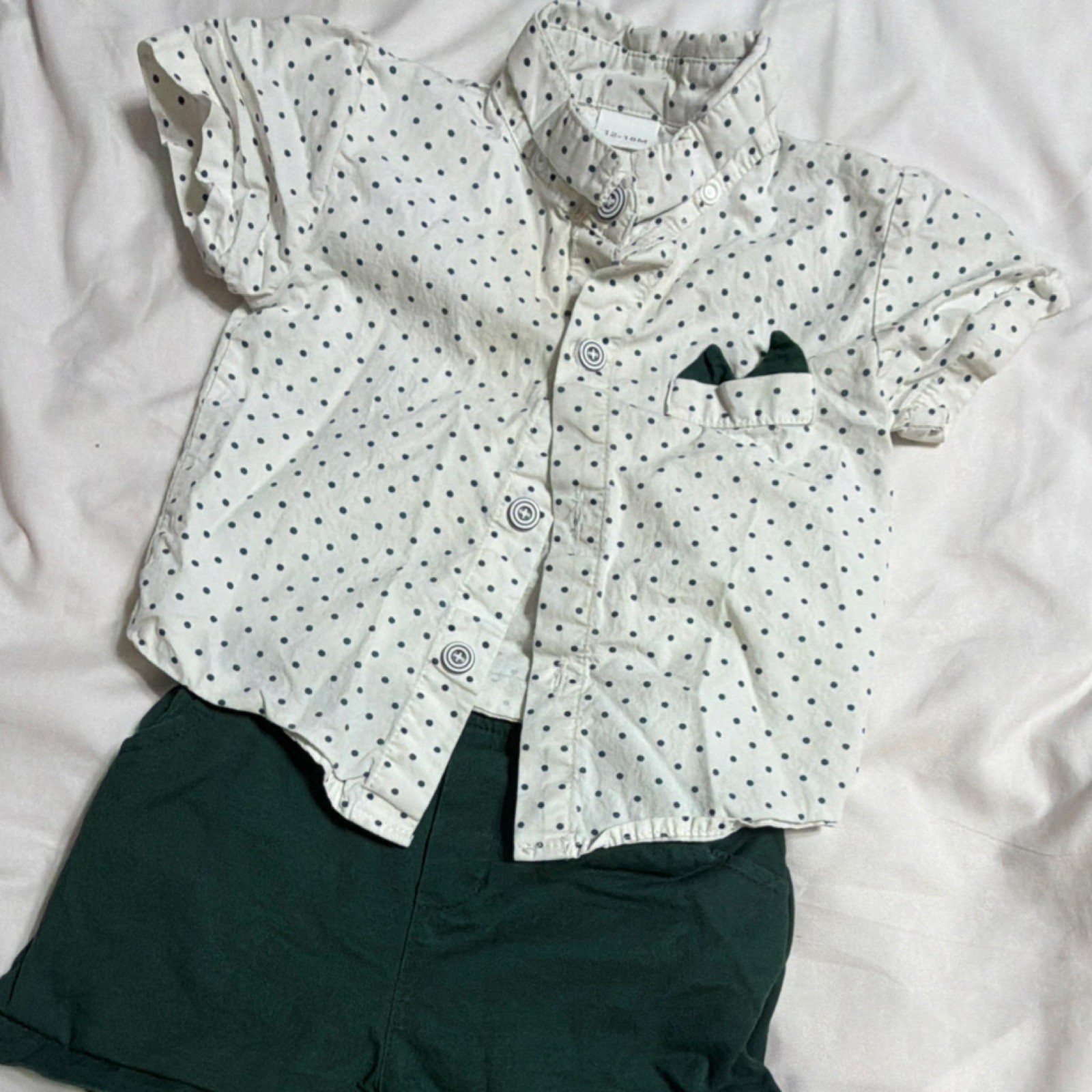Baby boys dress outfit 2-Piece Shirt Shorts Set White Green 12-18M Button Casual