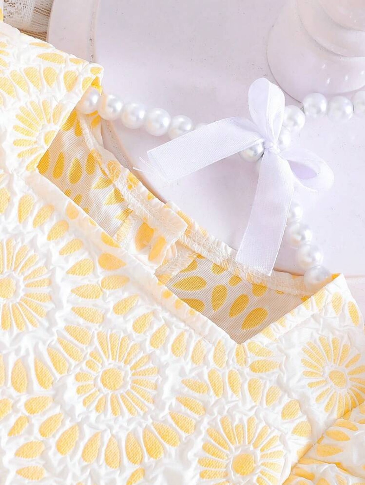 Baby Girl Yellow Flower Pattern Square Neck Flutter Sleeve Top @ Pants Set 2-3Y