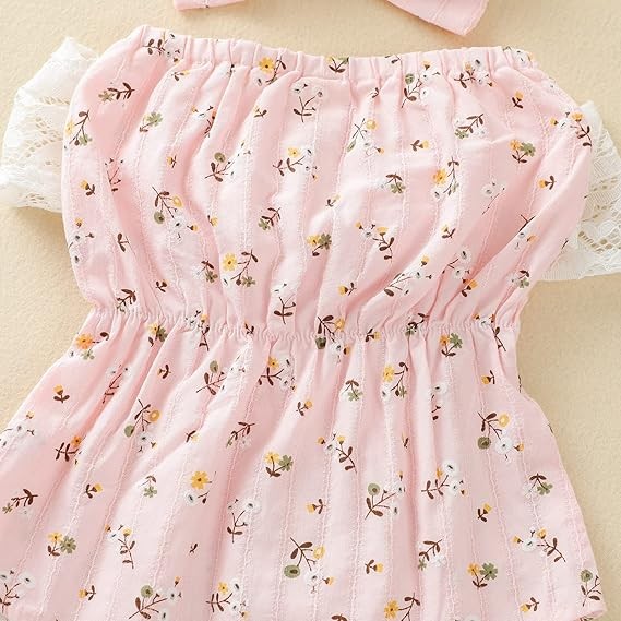 Newborn Infant Girl Floral Off Shoulder Romper Lace Jumpsuit Headband Outfit Set