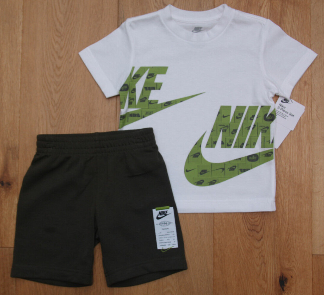 Nike Toddler Boy T-Shirt & Shorts Set ~ White, Green & Cargo Khaki ~