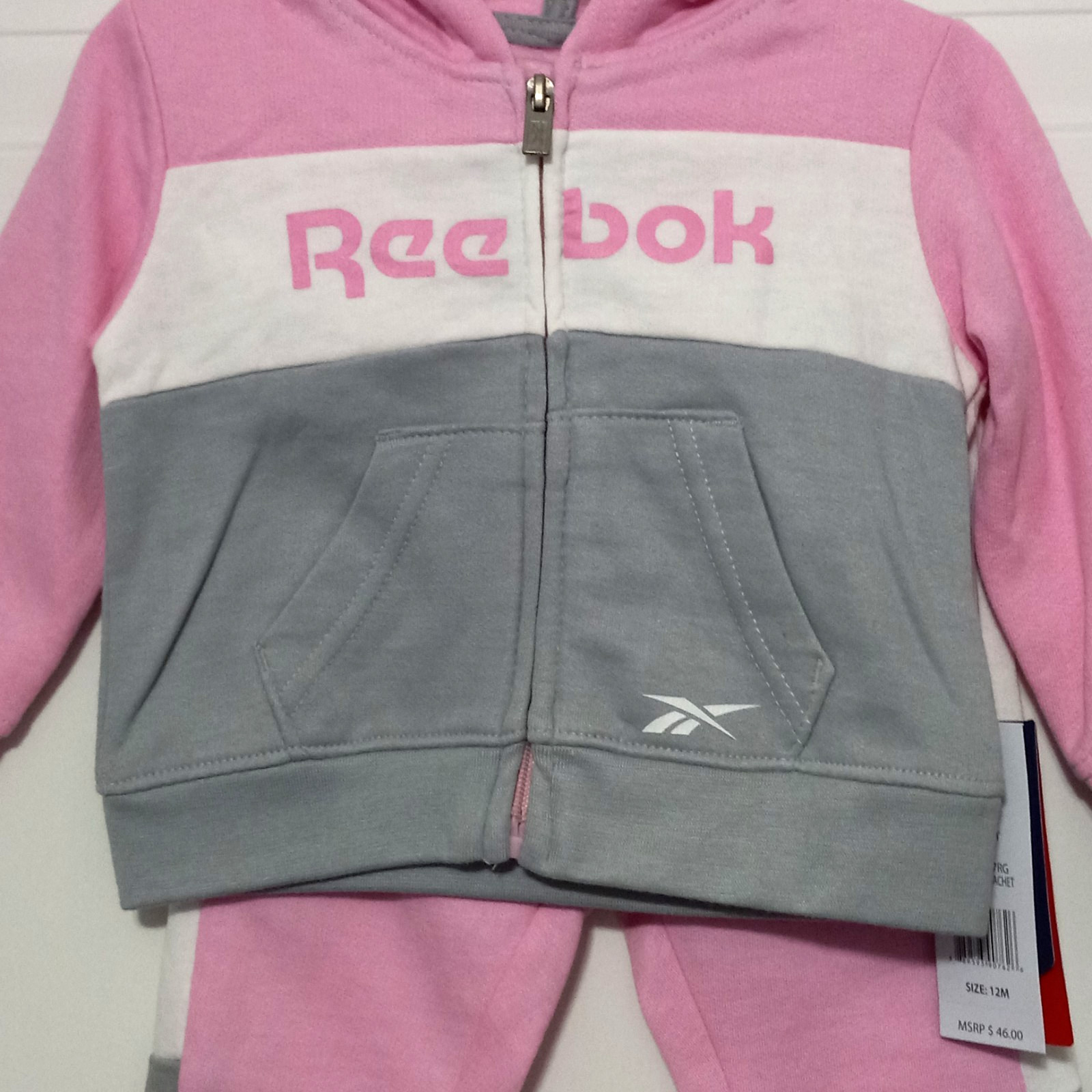 NWT Reebok Baby Girls Fleece Hooded Jogger Set 12 Months Pockets Colorblock