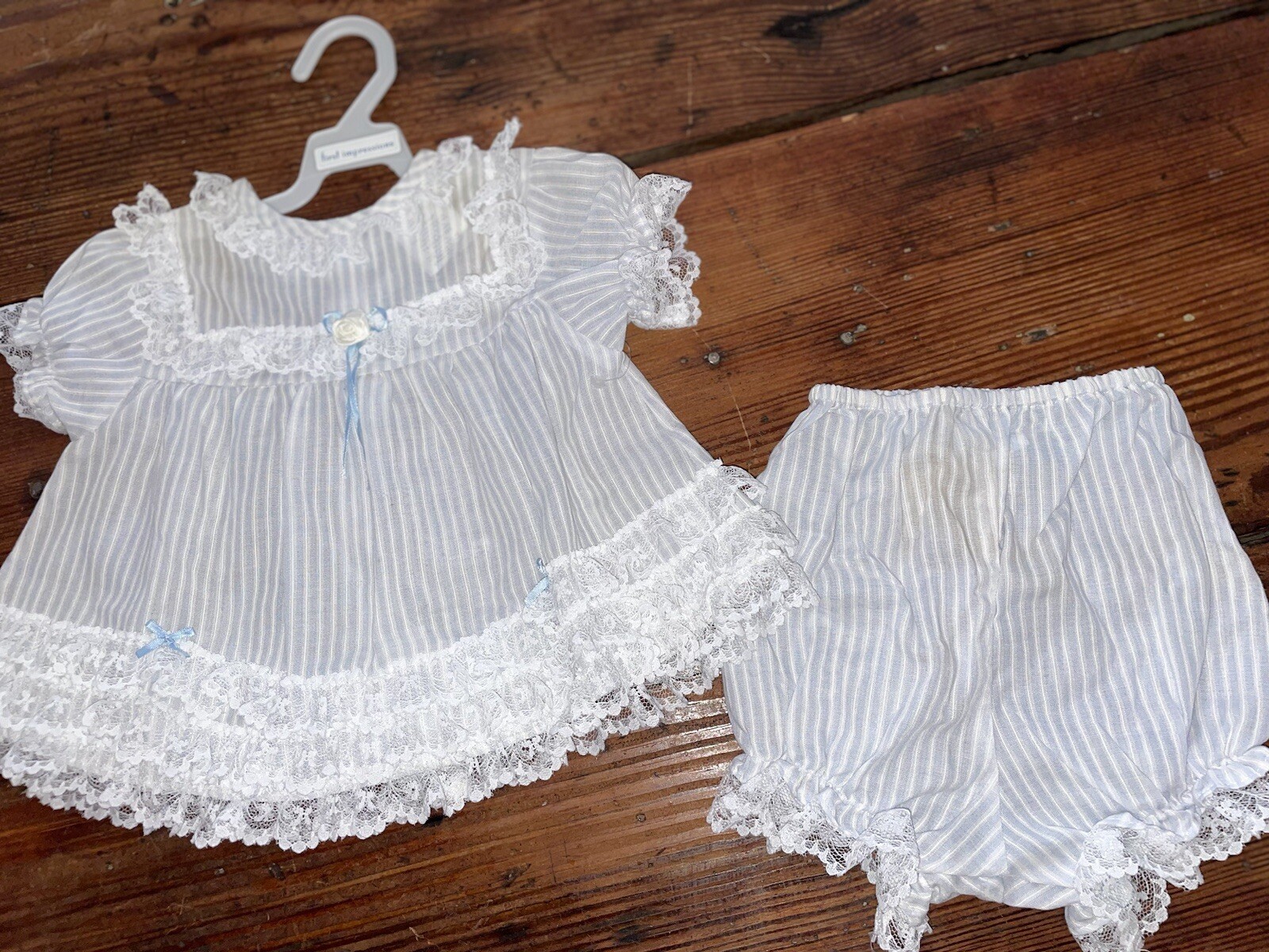 Vintage 9Months Dress & Bloomers Set Made In The Philippines Blue & White Stripe