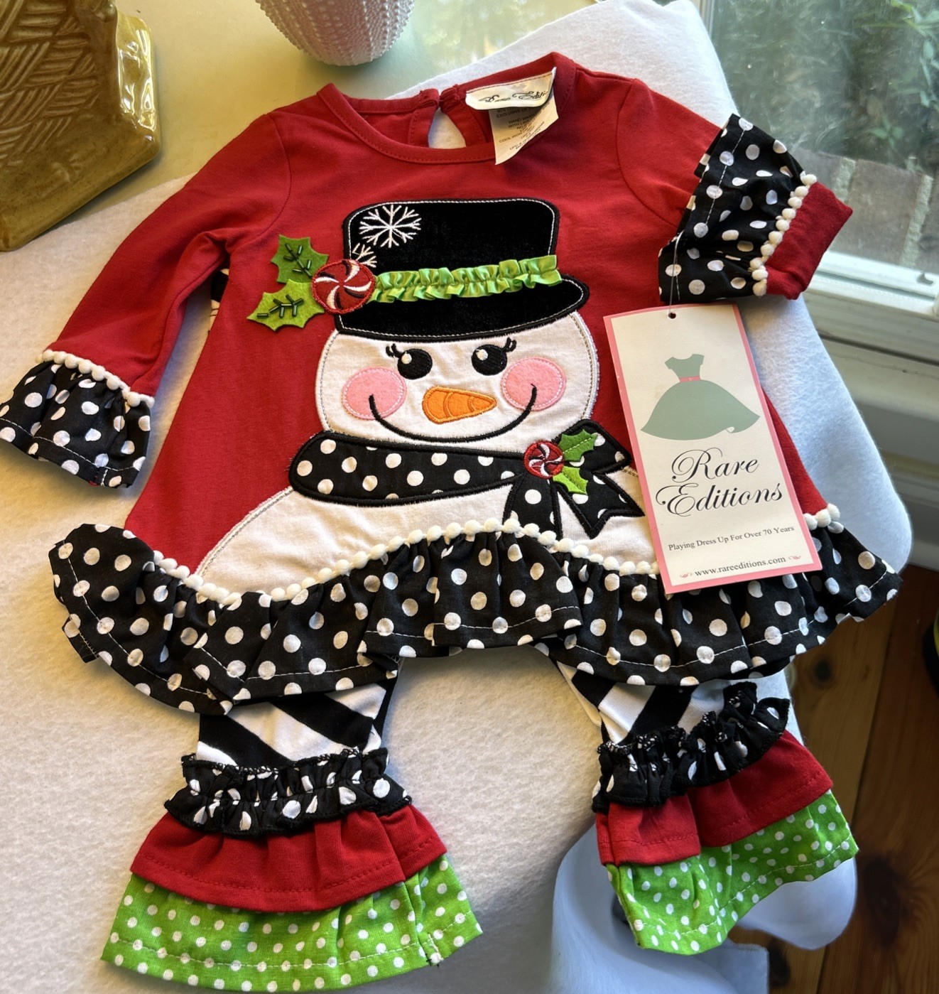 RARE EDITIONS NEW NWT CHRISTMAS BABY GIRLS SET 3-6 MO SNOWMAN RUFFLES BLACK NEW