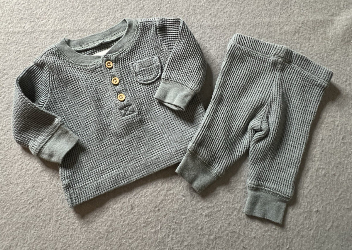 Little Planet Outfit Boy Newborn Waffle Knit Shirt Pants Green Blue Neutral Cute