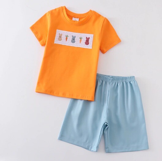 NEW Boutique Peeps Easter Bunny Rabbit Smocked Boys Shorts Outfit Set