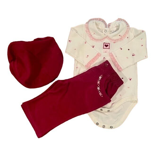 Little Wonders Girls 3-Piece Set Berry Corduroy Pants/Cap+Cream Floral Top 3-6M