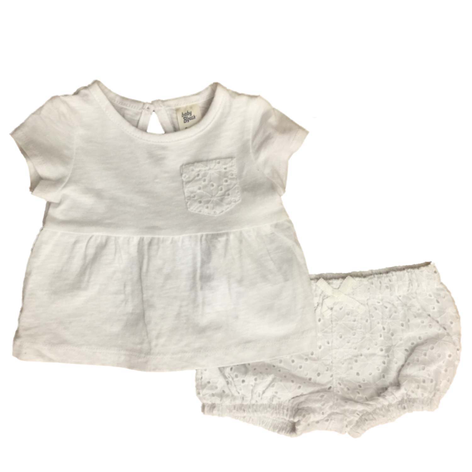 Infant Girls White Tee Shirt Eyelet Pattern Back & Bottom 2 Piece Outfit
