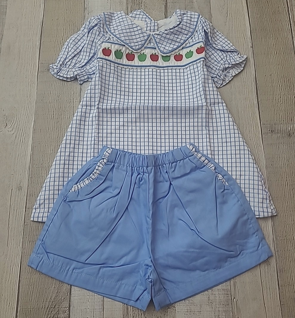 NWT The Oaks Apparel Girl’s Top Short Set Size 2 Check Lined Back Button Cotton