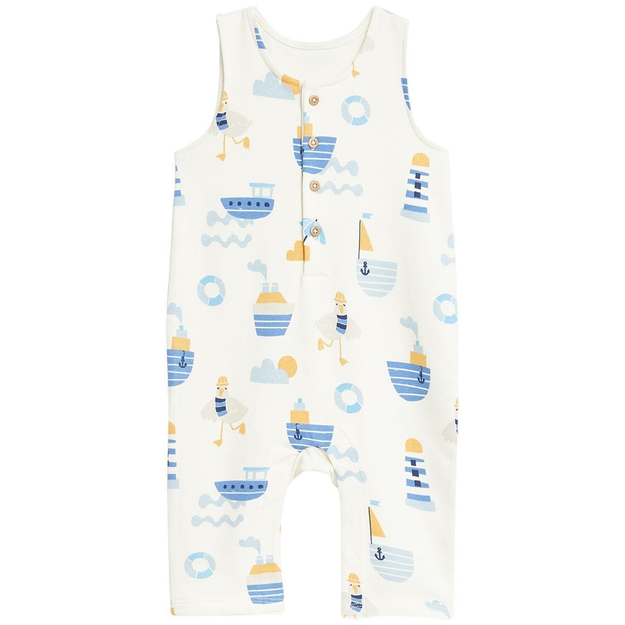 New Marks and Spencer M&S 2pc Blue White Cotton Rich AOP Boat Print Outfit Set